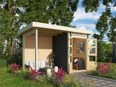 Gartenhaus SET Kandern 1 28 mm terragrau, inkl. 2,6 m Anbaudach + Rückwand Produktbild #1