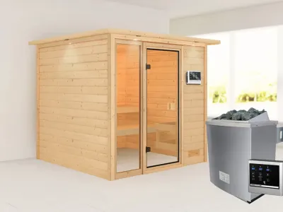 Sauna Jutta mit bronzierter Glastür und Dachkranz + 9 kW Saunaofen ext. Strg. Produktbild #1