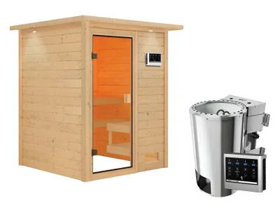 Sauna Sandra mit bronzierter Glastür und Dachkranz + 3,6 kW Plug & Play Bio-Ofen ext. Strg. Produktbild #4