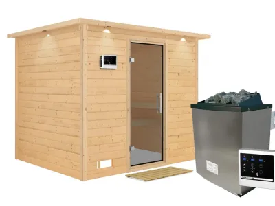 Massivholzsauna Sonara mit Dachkranz graphit Ganzglastür Produktbild #3