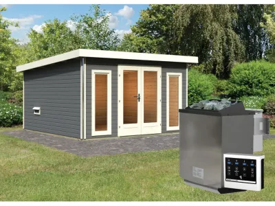 Saunahaus Mainburg 3 terragrau 38 mm inkl. Bio-Kombiofen 9 kW + ext. Steuerung Produktbild #1