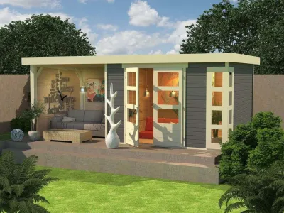 Gartenhaus SET Kerko 5 19 mm terragrau, inkl. 2,4 m Anbaudach + Seiten- und Rückwand Produktbild #1