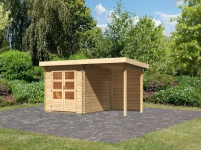 Gartenhaus Blockbohlenhaus SET Bastrup 4 28 mm naturbelassen, inkl. 2 m Anbaudach + Rückwand Produktbild #1