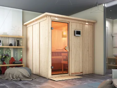 Systemsauna Rodin mit Dachkranz, bronzierte Ganzglastür, inkl. 9 kW Bio-Kombiofen ext. Steuerung Produktbild #1