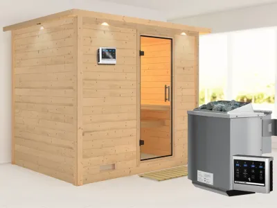 Sauna Massivholzsauna Sonara mit Dachkranz, Klarglas Ganzglastür + 9kW Bio-Kombiofen mit ext. Strg Produktbild #1