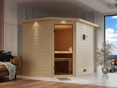 Sauna Massivholzsauna Tanami mit Dachkranz, inkl. 9 kW Bio-Kombiofen ext. Steuerung Produktbild #1