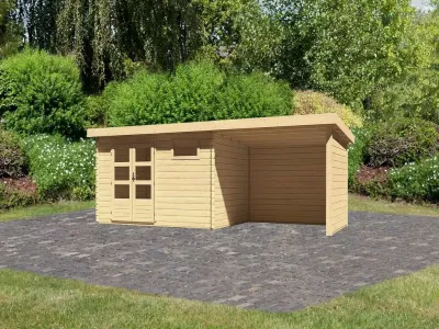 Gartenhaus Blockbohlenhaus SET Bastrup 8 28mm naturbelassen, inkl. 3 m Anbaudach + Seiten-/Rückwand Produktbild #1