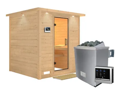 Sauna Massivholzsauna Mojave mit Dachkranz, Klarglas Ganzglastür + 9 kW Saunaofen mit ext.Strg Produktbild #8