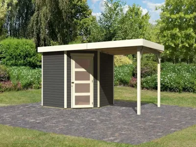 Gartenhaus Schwandorf 5 19 mm terragrau inkl. 2,4 m Anbaudach Produktbild #1