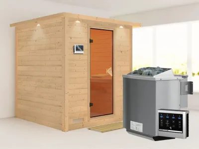 Massivholzsauna Mojave mit Dachkranz, bronzierte Ganzglastür, inkl. 9 kW Bio-Ofen ext. Steuerung Produktbild #1