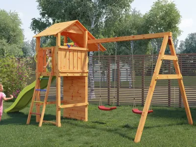 Spielturm Smart 5 teakfarben inkl. Rutsche gelb Produktbild #3