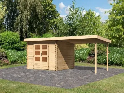 Gartenhaus Blockbohlenhaus SET Bastrup 5 28 mm naturbelassen, inkl. 3 m Anbaudach Produktbild #1