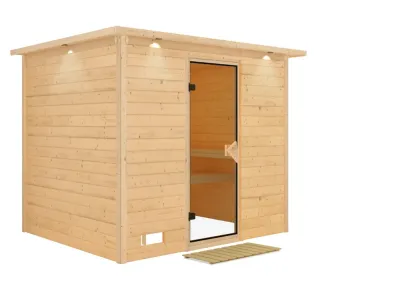 Massivholzsauna Sonara mit Dachkranz bronzierte Ganzglastür Produktbild #2