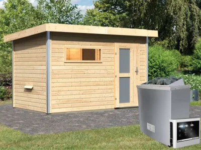 Saunahaus Skrollan 1 mit Milchglastür & Vorraum, inkl. 9 kW Saunaofen mit externer Steuerung Produktbild #1