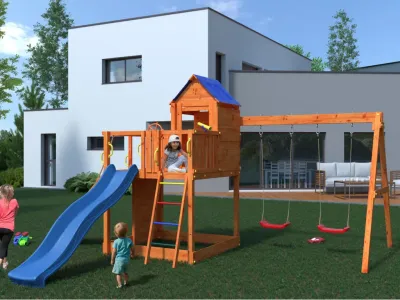 Spielturm Treehouse teakfarben inkl. Doppelschaukel + Rutsche Produktbild #1