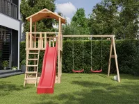Tilly Premium speeltoren met dubbele schommel in lariks incl. rode glijbaan + rode zitjes productafbeelding #1