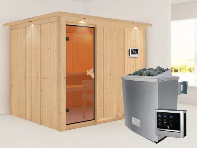 Systemsauna Gobin mit Dachkranz, bronzierte Ganzglastür, inkl. 9 kW Saunaofen ext. Steuerung Produktbild #1