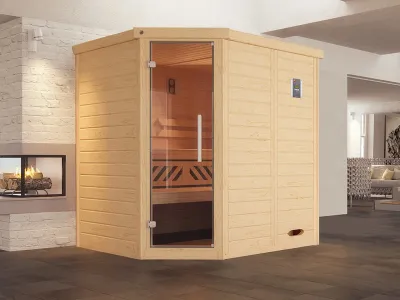 Sauna Massivholz-Elementsauna Kemi Eck inkl. Edelstahlset + Komfortpaket Produktbild #1