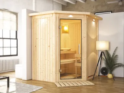 Sauna Systemsauna Taurin mit Dachkranz, Klarglas Ganzglastür Produktbild #1