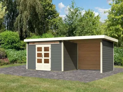 Gartenhaus SET Kandern 7 28 mm terragrau, inkl. 3,2 m Anbaudach + Seiten- und Rückwand Produktbild #1