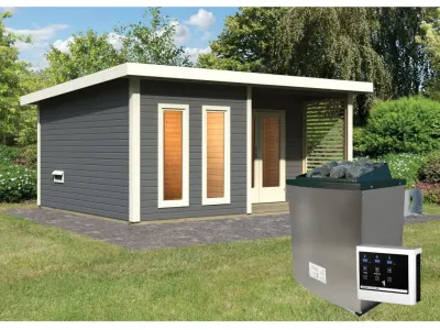 Saunahaus Mainburg 5 terragrau 38 mm inkl. klassischer Saunaofen 9 kW + ext. Steuerung Produktbild #1
