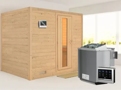 Massivholzsauna Sonara Holztür mit Isolierglas, inkl. 9 kW Bio-Kombiofen ext. Steuerung Produktbild #1