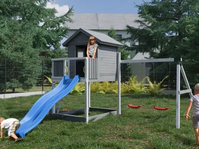 Spielturm Stelzenhaus Galaxy S inkl. Doppelschaukel grau/weiß + Rutsche blau Produktbild #1
