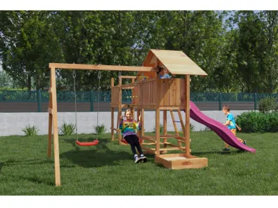 Spielturm Smart 1 Bridge teakfarben inkl. Rutsche pink Produktbild #3