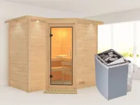 Sauna Massivholzsauna Sahib 2 mit Dachkranz, Klarglas Ganzglastür + 9 kW Saunaofen mit Steuerung Produktbild #1