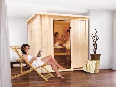 Systemsauna Sodin mit Dachkranz, bronzierte Ganzglastür