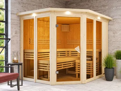 Sauna Ainur mit bronzierter Glastür und Dachkranz Produktbild #1