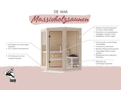 Standardmäßig ohne Ofen. Ein passender Saunaofen ist in unseren Sparsets enthalten.