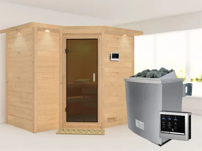Massivholzsauna Sahib 2 mit Dachkranz, graphit Ganzglastür, inkl. 9 kW Saunaofen ext. Steuerung Produktbild #1