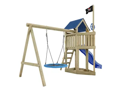 Spielturm Pirat Captain Jolly KDI mit Doppelschaukel inkl. Rutsche blau + Nestschaukel Produktbild #4