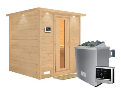 Massivholzsauna Mojave mit Dachkranz, Holztür mit Isolierglas, inkl. 9 kW Ofen ext. Steuerung Produktbild #7