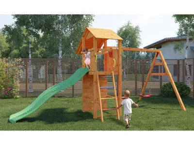 Spielturm Smart 5 teakfarben inkl. Rutsche grün Produktbild #2