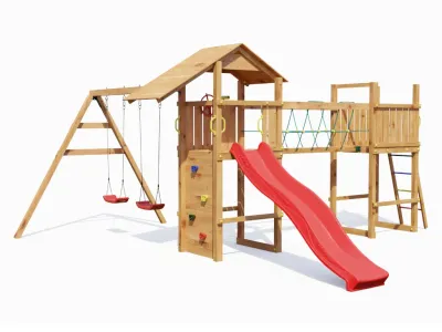 Spielturm Smart 5 Bridge teakfarben inkl. Rutsche rot Produktbild #5