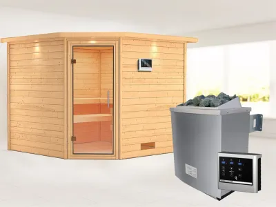 Sauna Massivholzsauna Leona mit Dachkranz, Klarglas Ganzglastür + 9 kW Saunaofen mit ext. Strg Produktbild #1