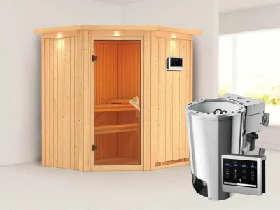 Sauna Systemsauna Tonja mit Dachkranz, inkl. Plug & Play Bio-Ofen externe Steuerung Produktbild #1
