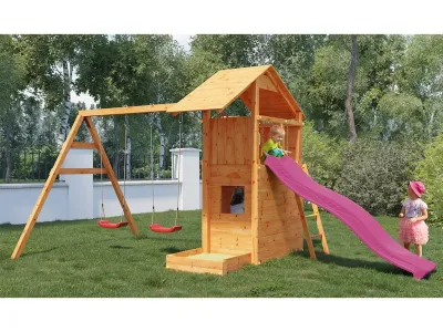 Spielturm Smart 7 teakfarben inkl. Rutsche pink Produktbild #1