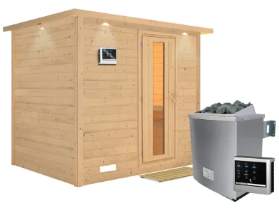 Massivholzsauna Sonara mit Dachkranz, Holztür mit Isolierglas, inkl. 9 kW Ofen ext. Steuerung Produktbild #3