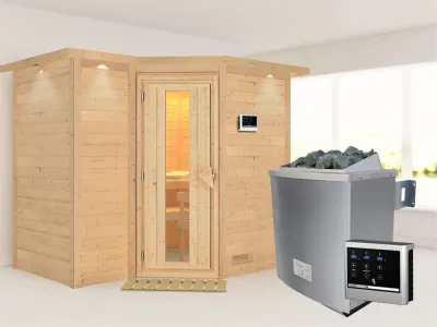 Massivholzsauna Sahib 2 mit Dachkranz, Holztür mit Isolierglas, inkl. 9 kW Ofen ext. Steuerung Produktbild #1