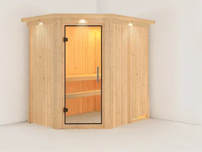 Sauna Systemsauna Carin mit Dachkranz, Klarglas Ganzglastür Produktbild #1