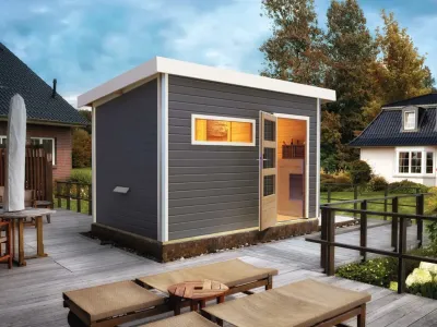 Saunahaus Skrollan 2 Grau mit Klarglastür & Vorraum, inkl. 9 kW Saunaofen mit externer Steuerung Produktbild #1
