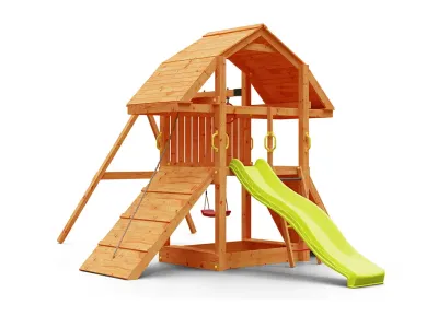 Spielturm Buffalo teakfarben inkl. Doppelschaukel + Rutsche gelb Produktbild #5