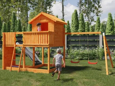 Spielturm Galaxy L inkl. Doppelschaukel teakfarben + Rutsche weiß Produktbild #2