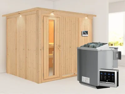 Systemsauna Gobin mit Dachkranz, Holztür mit Isolierglas, inkl. 9 kW Bio-Kombiofen ext. Steuerung Produktbild #9