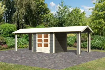 Gartenhaus SET Theres 3 28 mm terragrau inkl. zwei 2,6 m Dachausbauelemente Produktbild #1