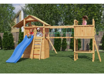 Spielturm Smart 7 Bridge teakfarben inkl. Rutsche blau Produktbild #2