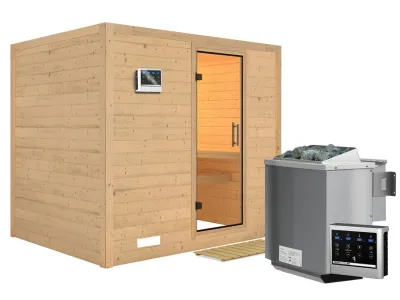 Sauna Massivholzsauna Sonara Klarglas Ganzglastür + 9 kW Bio-Kombiofen mit ext. Strg Produktbild #5